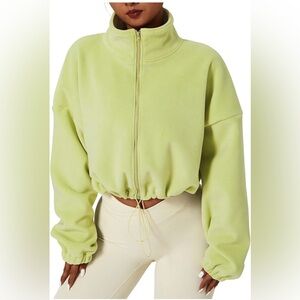 QINSEN Women's Full Zip Fleece Short Jacket Long Sleeve Stand Collar Sherpa Crop